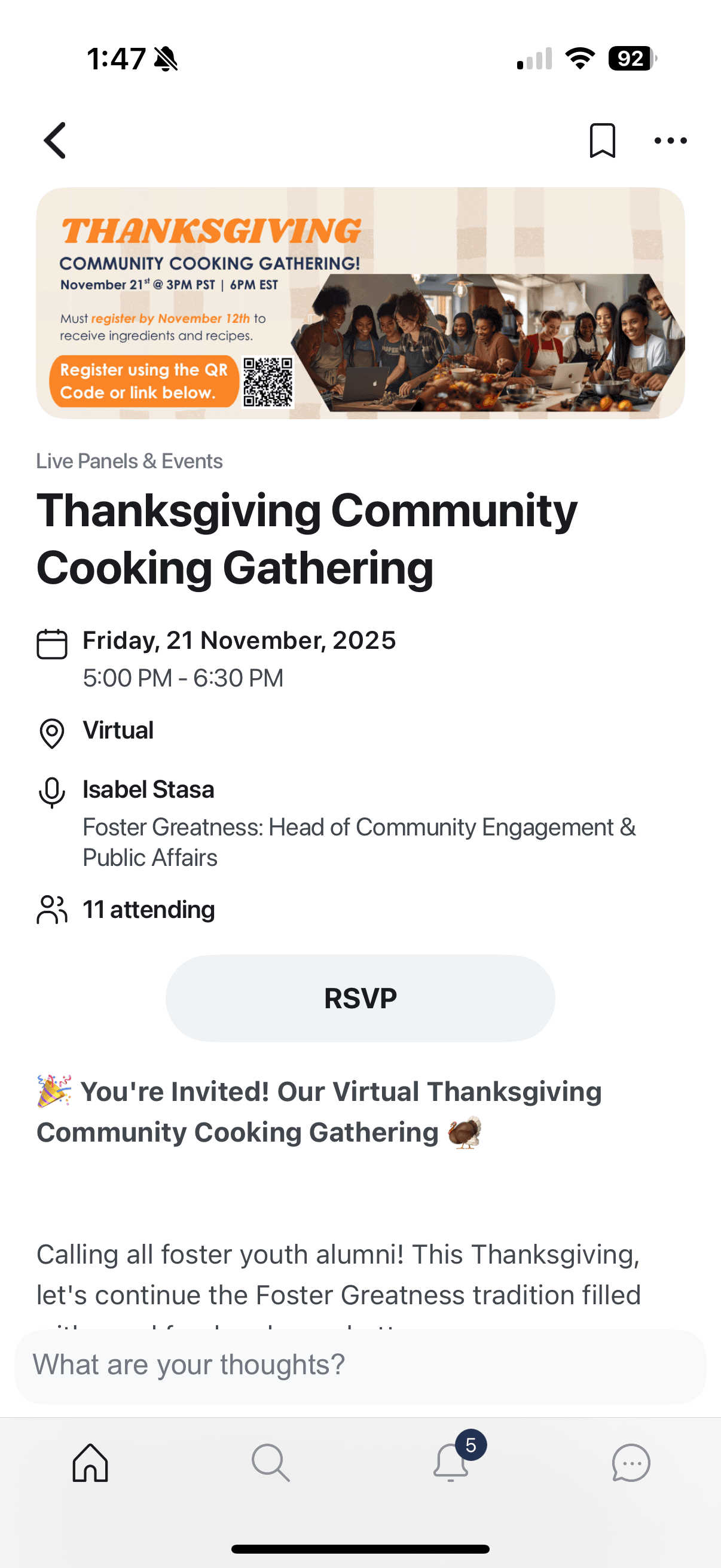 Virtual cooking event experience